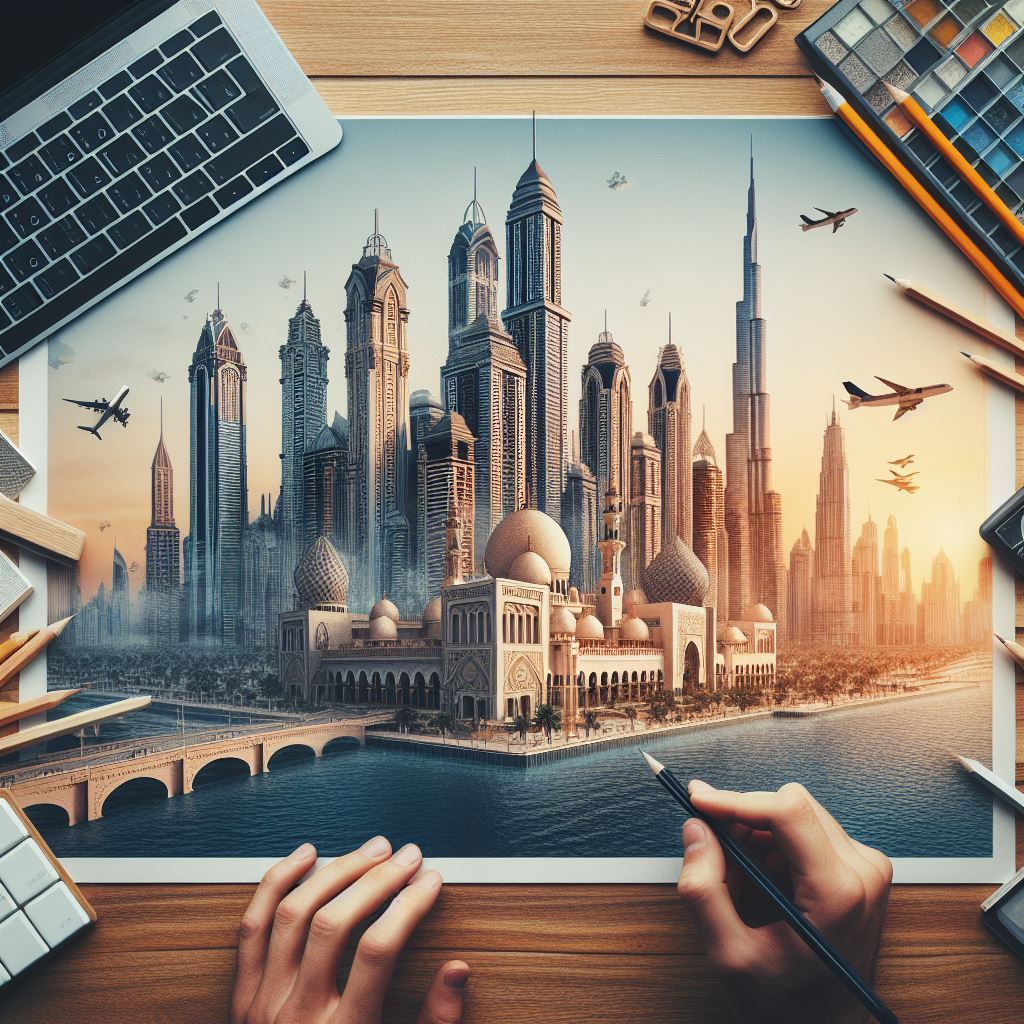 Architect writing a blog post at a desk with drawings